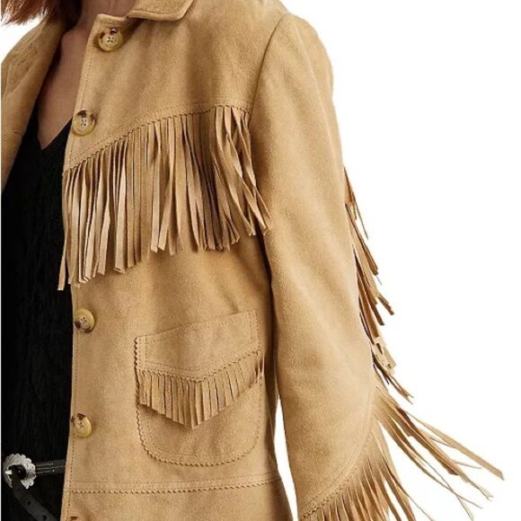 Lauren Ralph Lauren Women’s Fringe Trim Goat Suede Jacket Western Beige NWT $650 - Picture 3 of 16